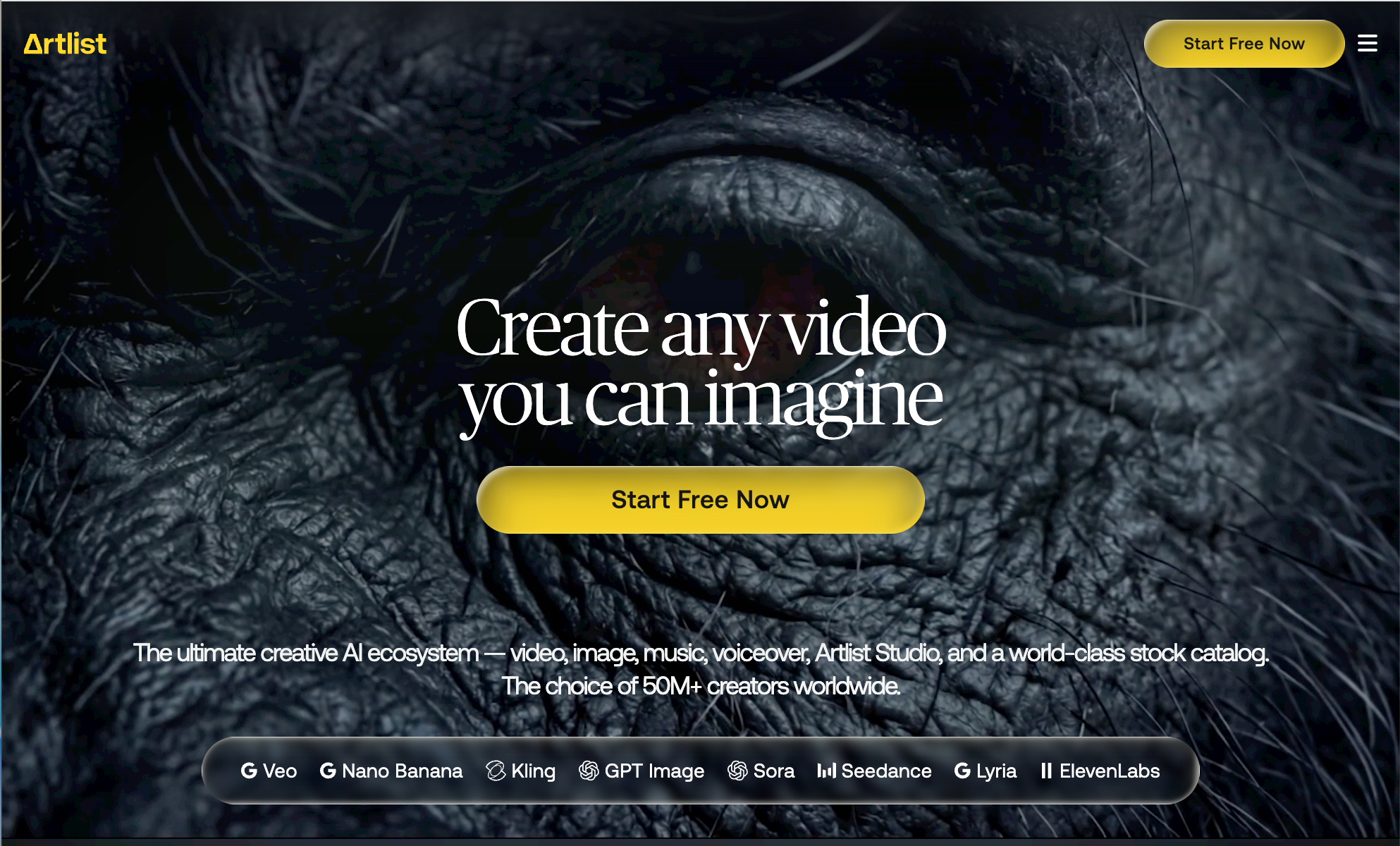 Screenshot of Artlist's home page. It says "Create any video you can image." A big fake gorilla eye is underlaid behind the text. It goes on to tout the "ultimate creative AI ecosystem".