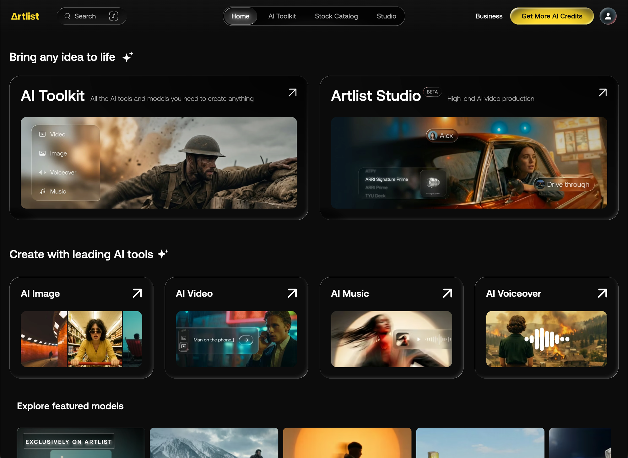 The Artlist dashboard, showing all manner of AI tools, with a tiny button at the top to access the stock catalog.