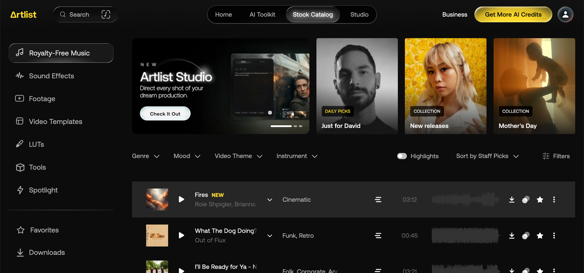 The stock catalog at Artlist, with an ad at the top for Artlist Studio.