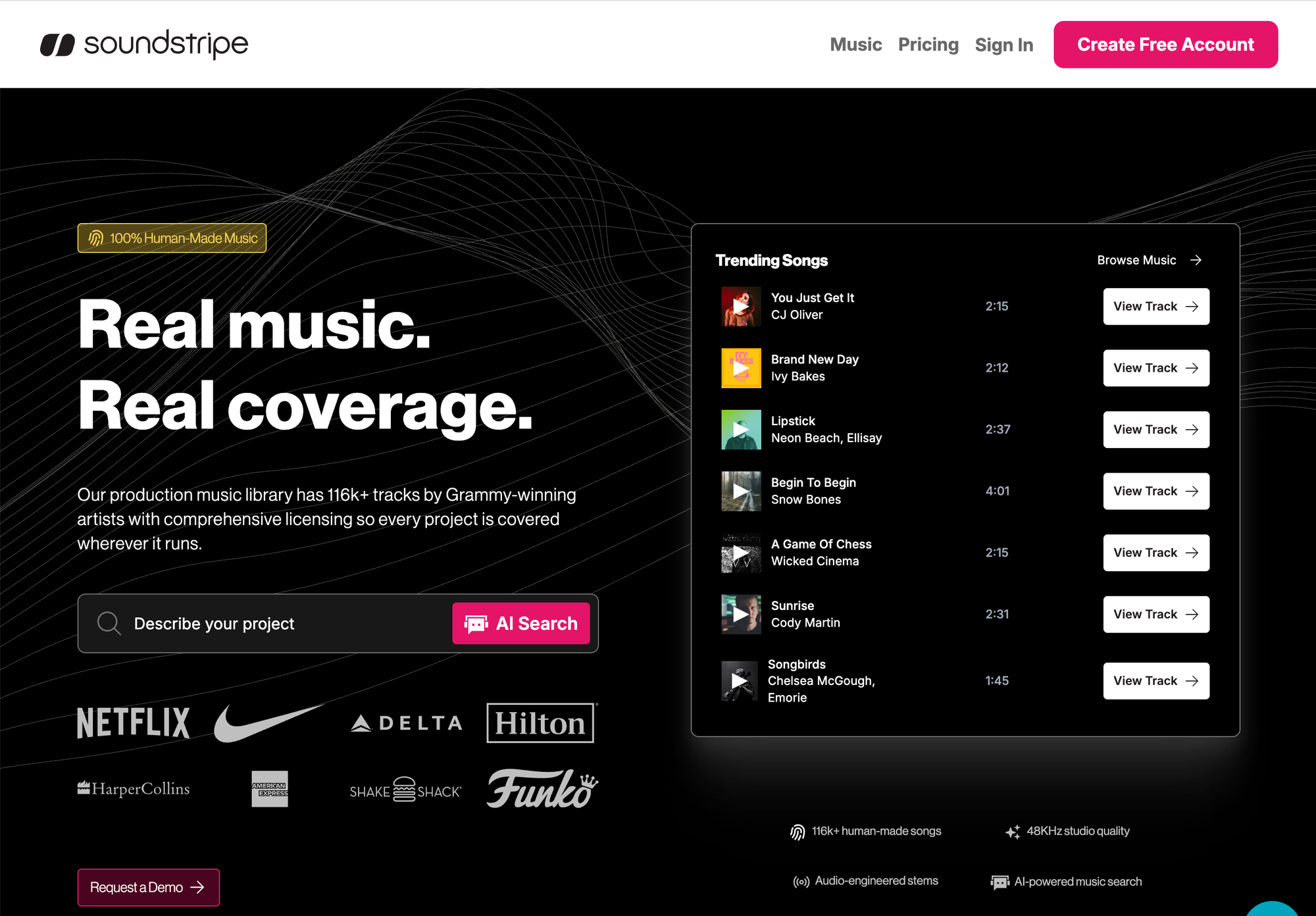 Soundstripe's homepage. It says "100% human-made music. Real Music. Real Coverage."